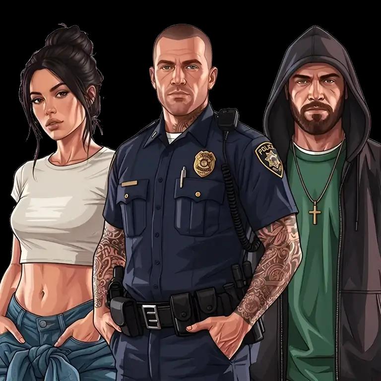 Three characters: on the left, a dark-haired woman in a white cropped top and jeans; in the center, a male police officer in uniform with a badge and radio; on the right, a man in a black hoodie, green shirt, and wearing a cross necklace.
