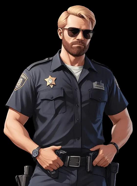 Policeman character in uniform standing confidently